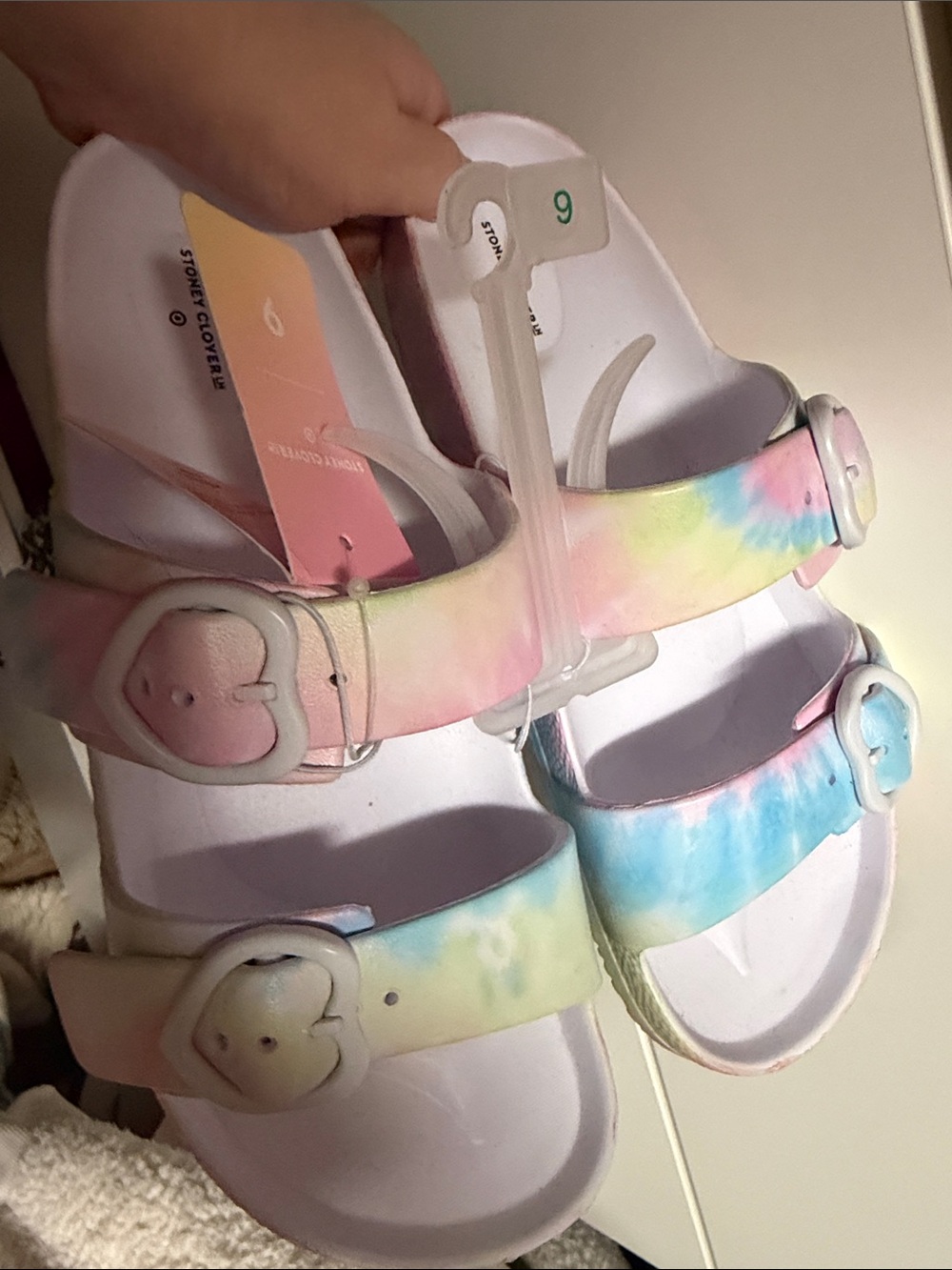 Stoney Clover Lane Pastel Tie-Dye Heart Buckle Sandals - Pink, Blue, Yellow